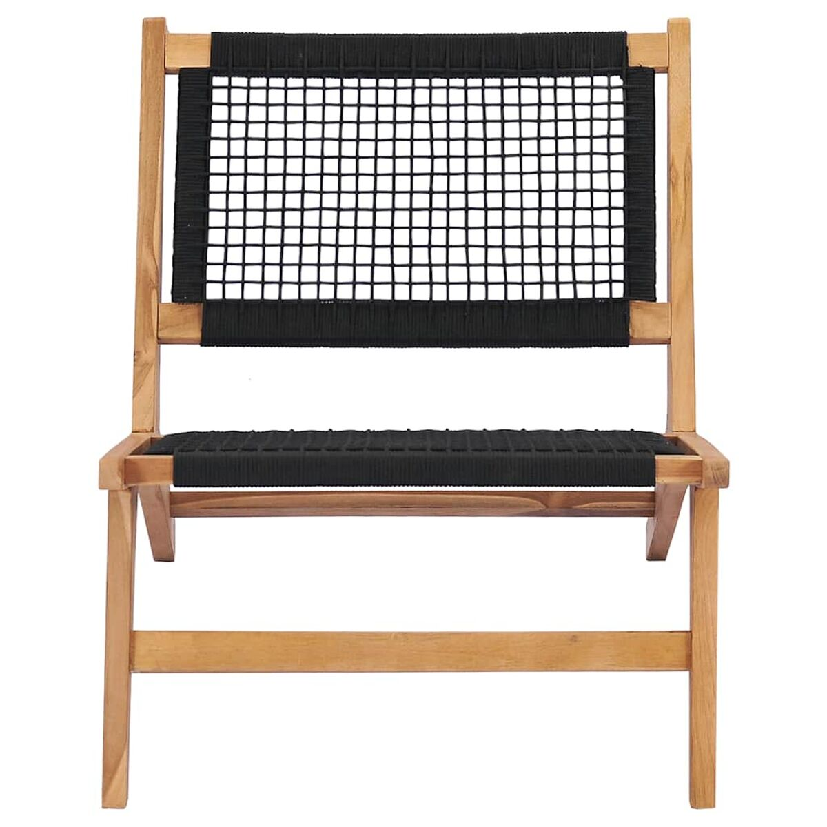 Holzstuhl mit schwarzem, gewebtem Sitz und Rücken, Vorderansicht, auf weißem Hintergrund.