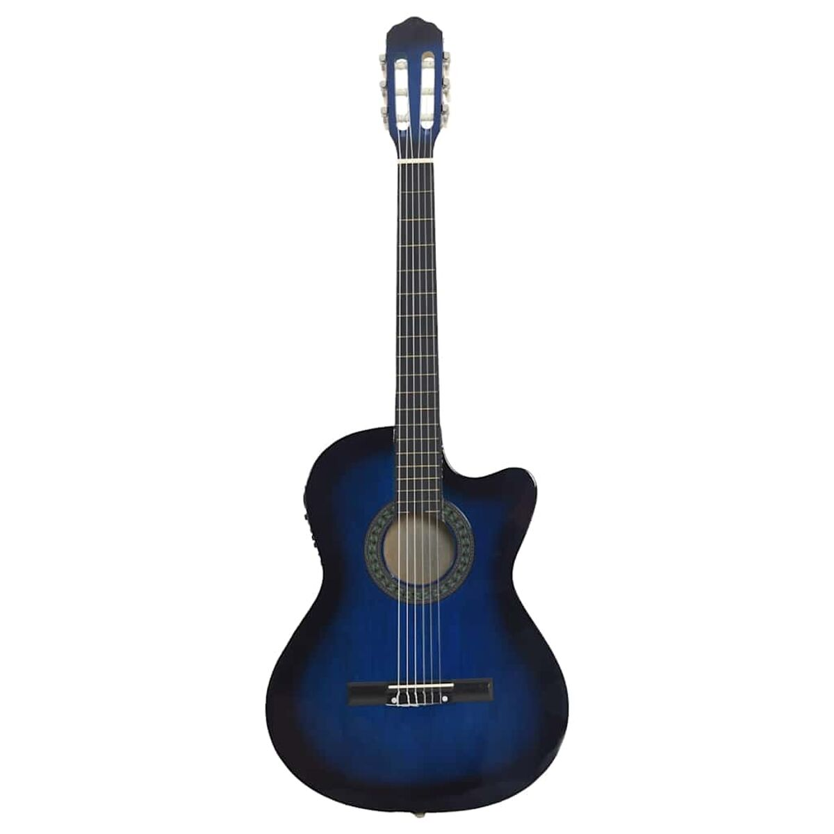 Akustikgitarre, blauer Korpus, braunes Schallloch, schwarze Saiten, weiße Kopfplatte.