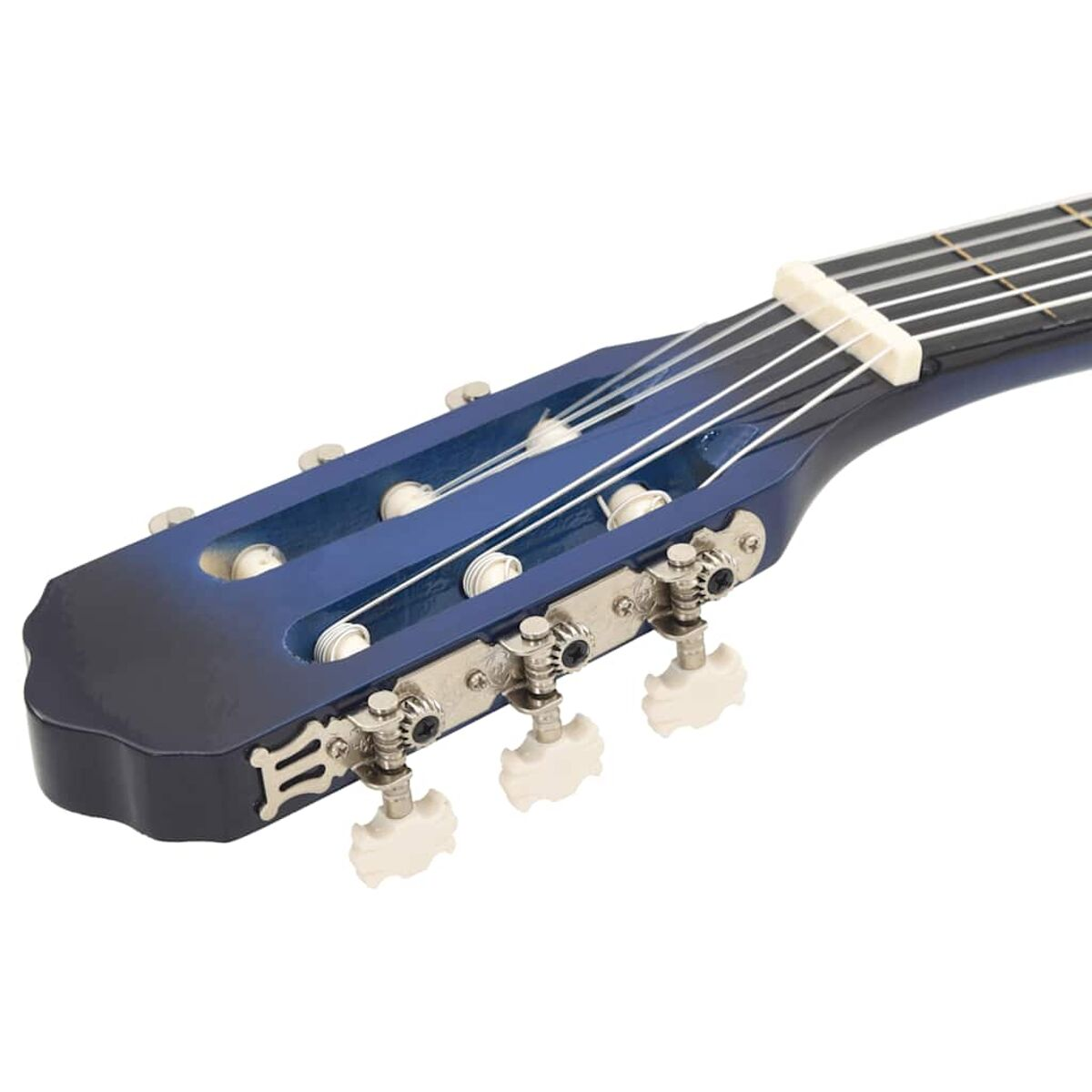 Nahaufnahme einer blauen Gitarrenkopfplatte mit weißen Stimmwirbeln. Der Gitarrenkopf ist blau.