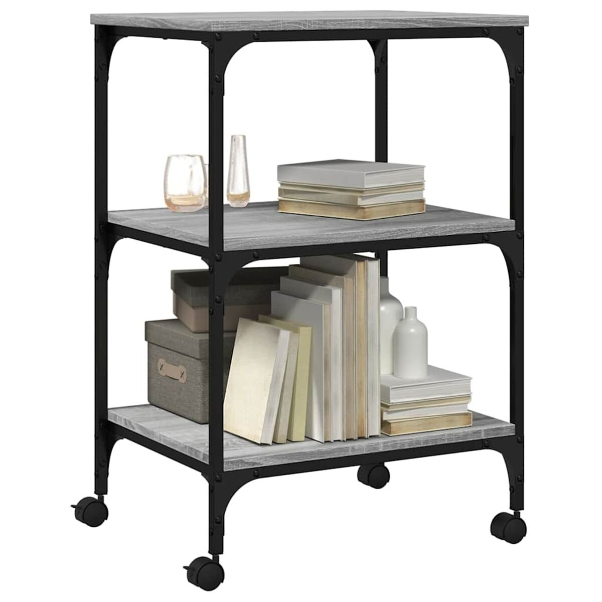 Ein dreistöckiges Regal mit Büchern und Dekoration, mit Rollen, auf neutralem Hintergrund.