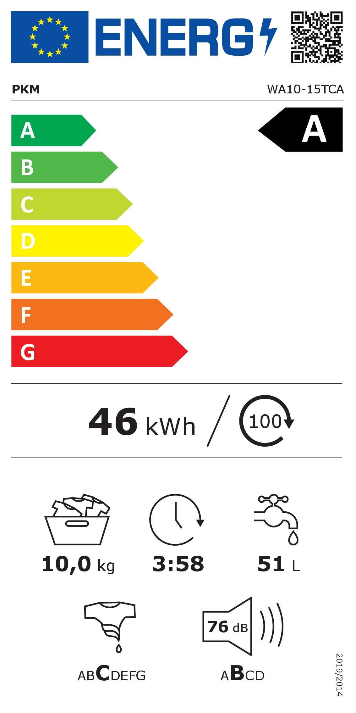 Energielabel für PKM Waschmaschine, Energieklasse A. Zeigt Energieverbrauch, Wasserverbrauch und Zykluszeit.
