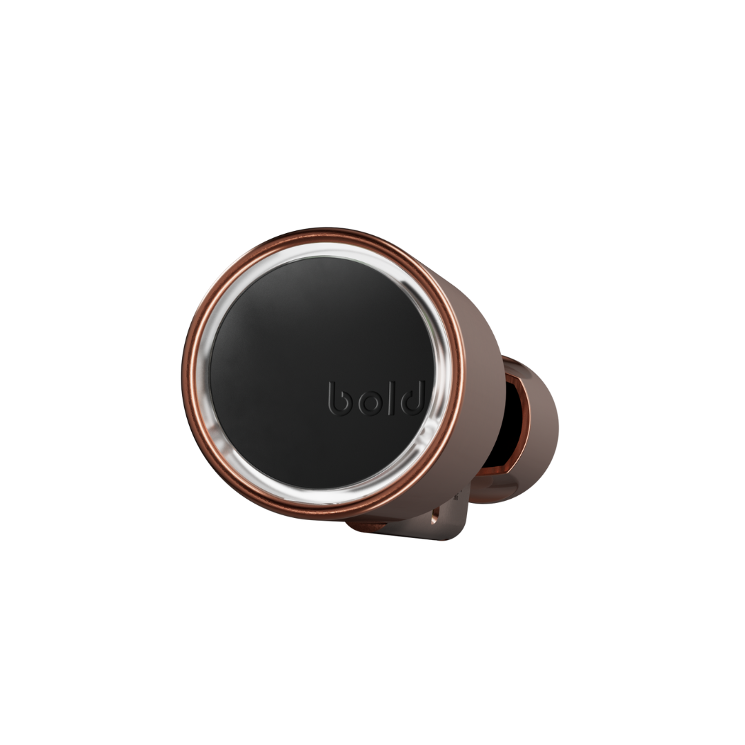 A black Bold earbud with a metallic rose-gold finish.