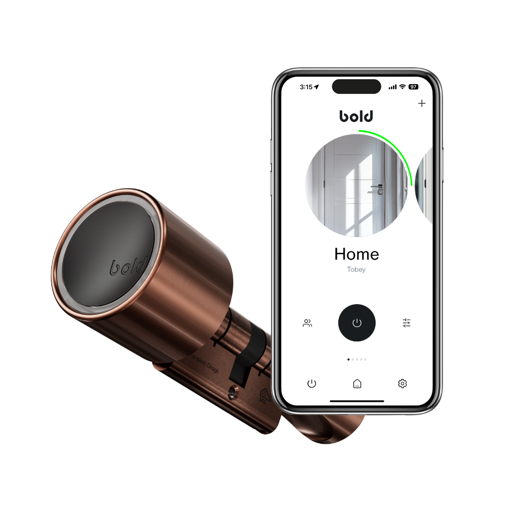 Copper smart lock and phone with app. The door lock is cylindrical.