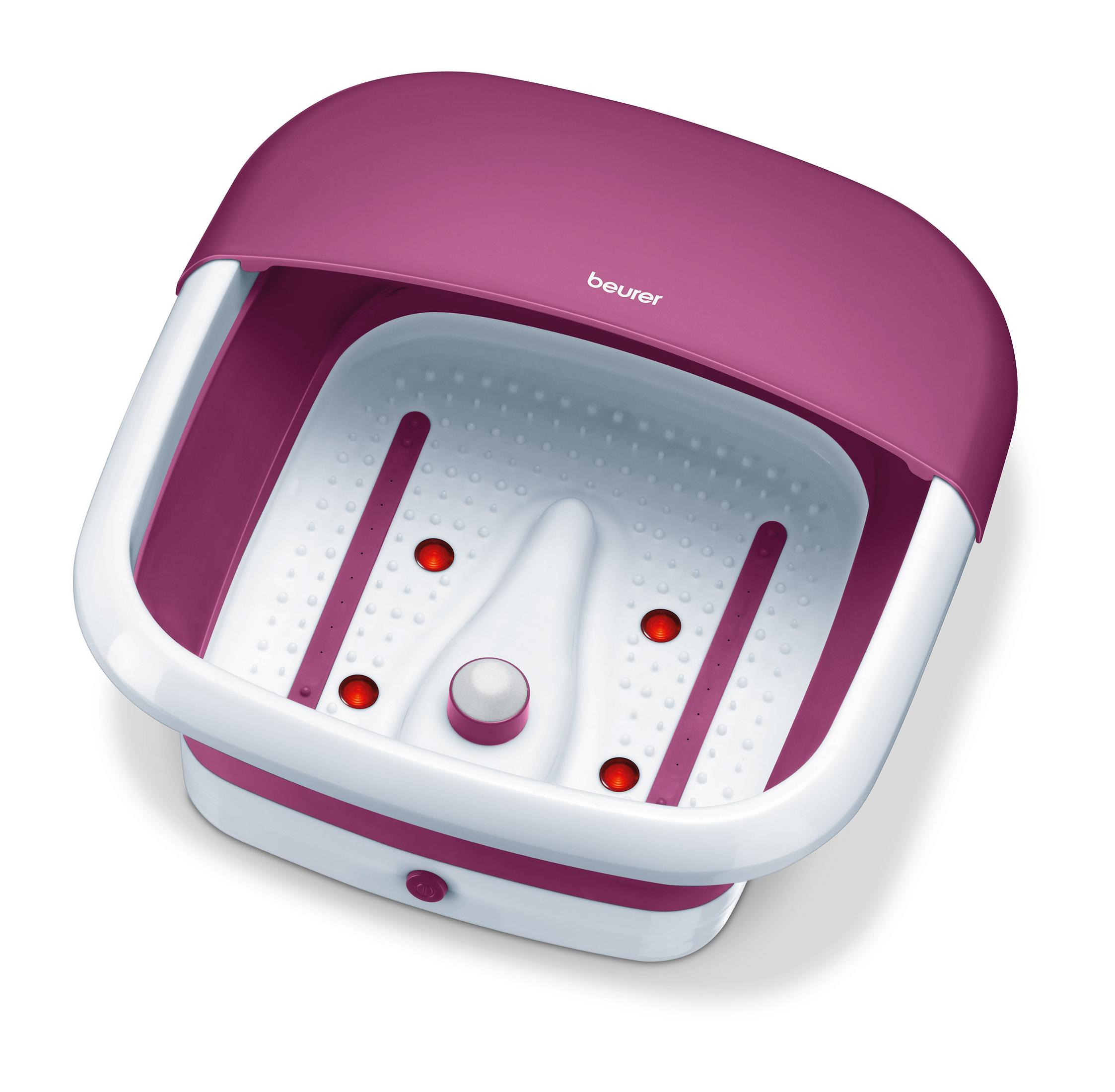 Una vasca per pediluvio bianca e viola, aperta, con luci e pulsanti rossi.
