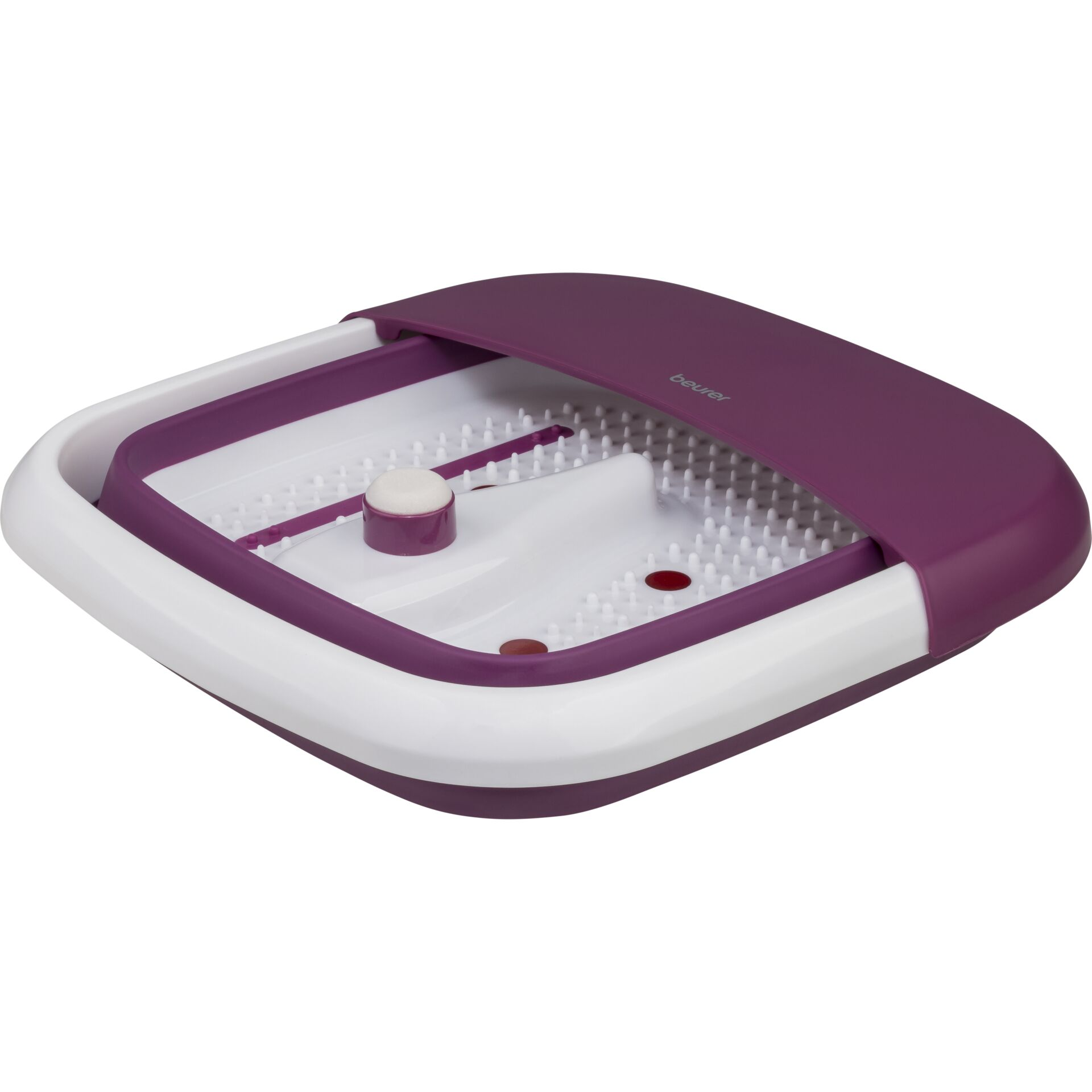 Una vasca per pediluvio viola e bianca, ripiegata, con un pulsante bianco.