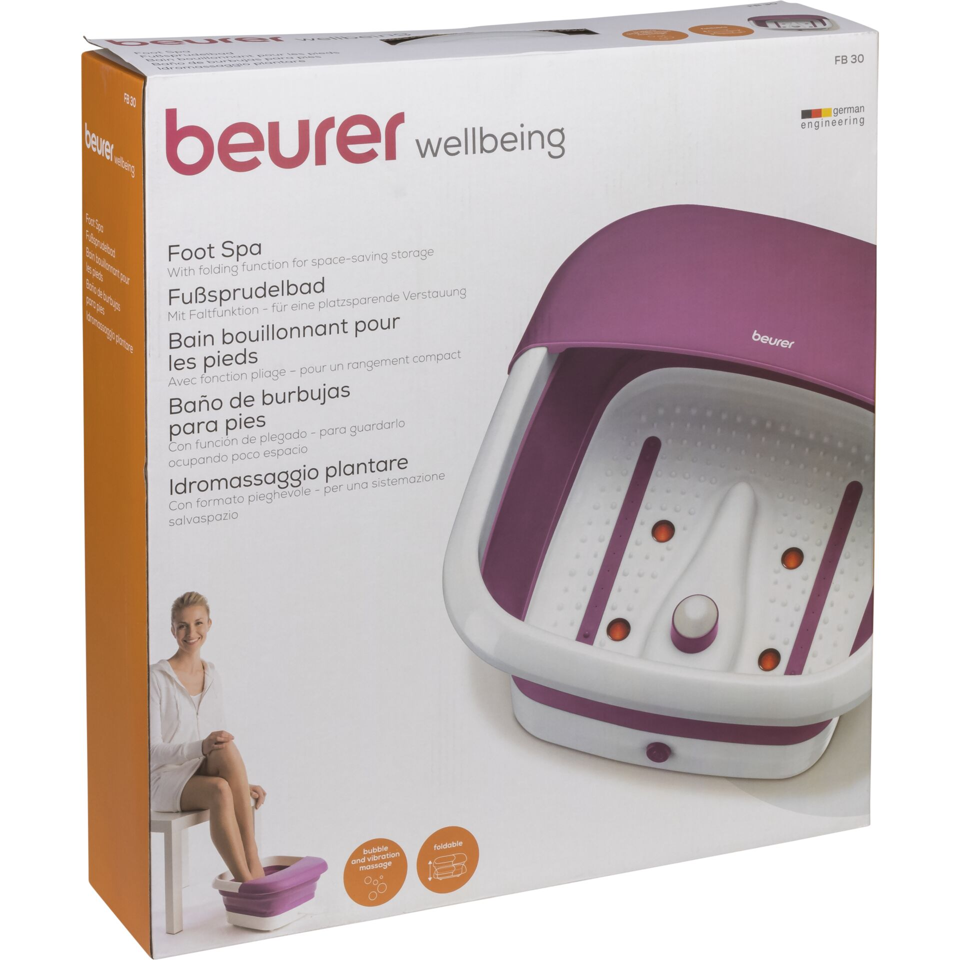 Una scatola per una vasca per pediluvio, che mostra la vasca, una donna e le caratteristiche.