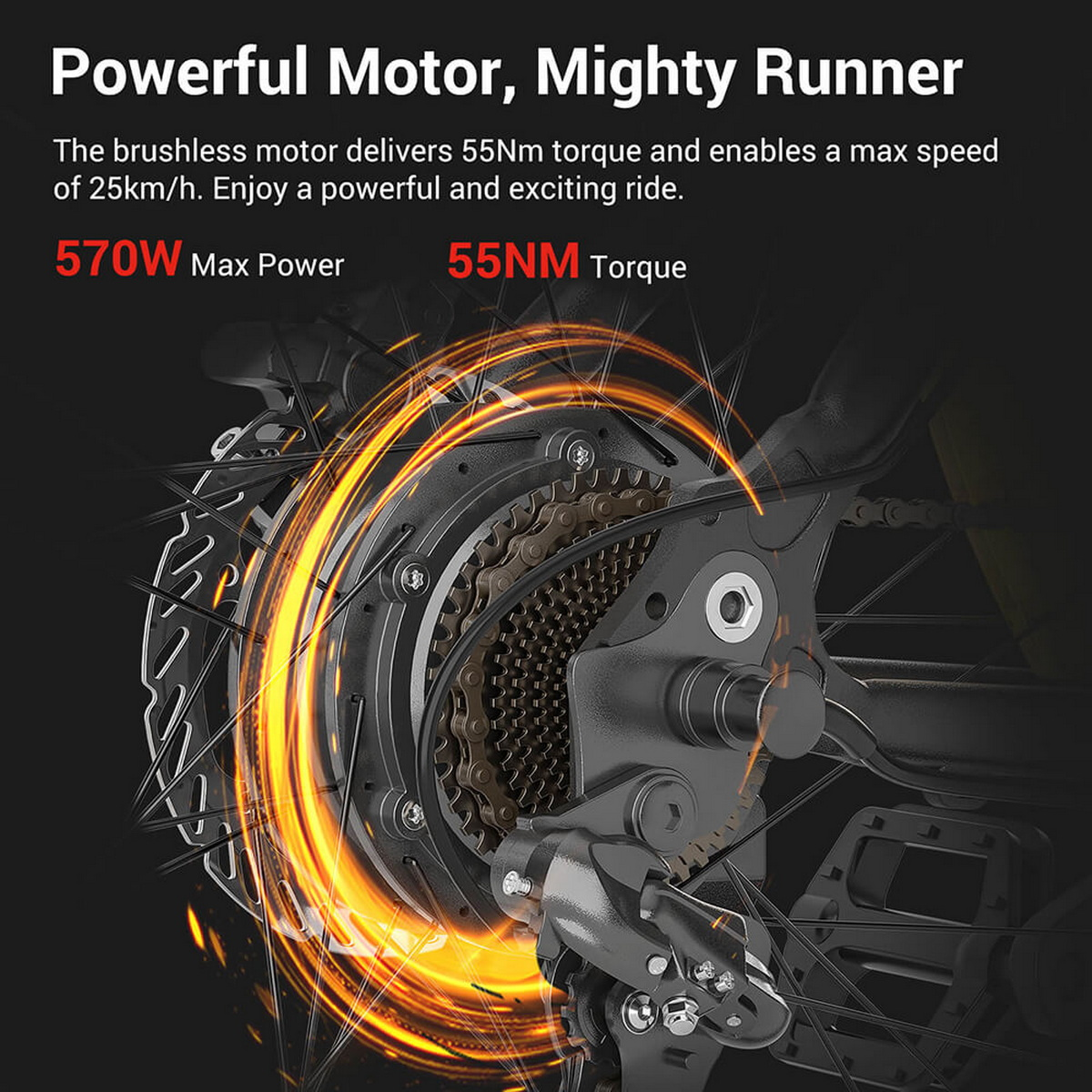 Zbliżenie tylnego koła roweru, pokazujące silnik, przekładnie i łańcuch.
