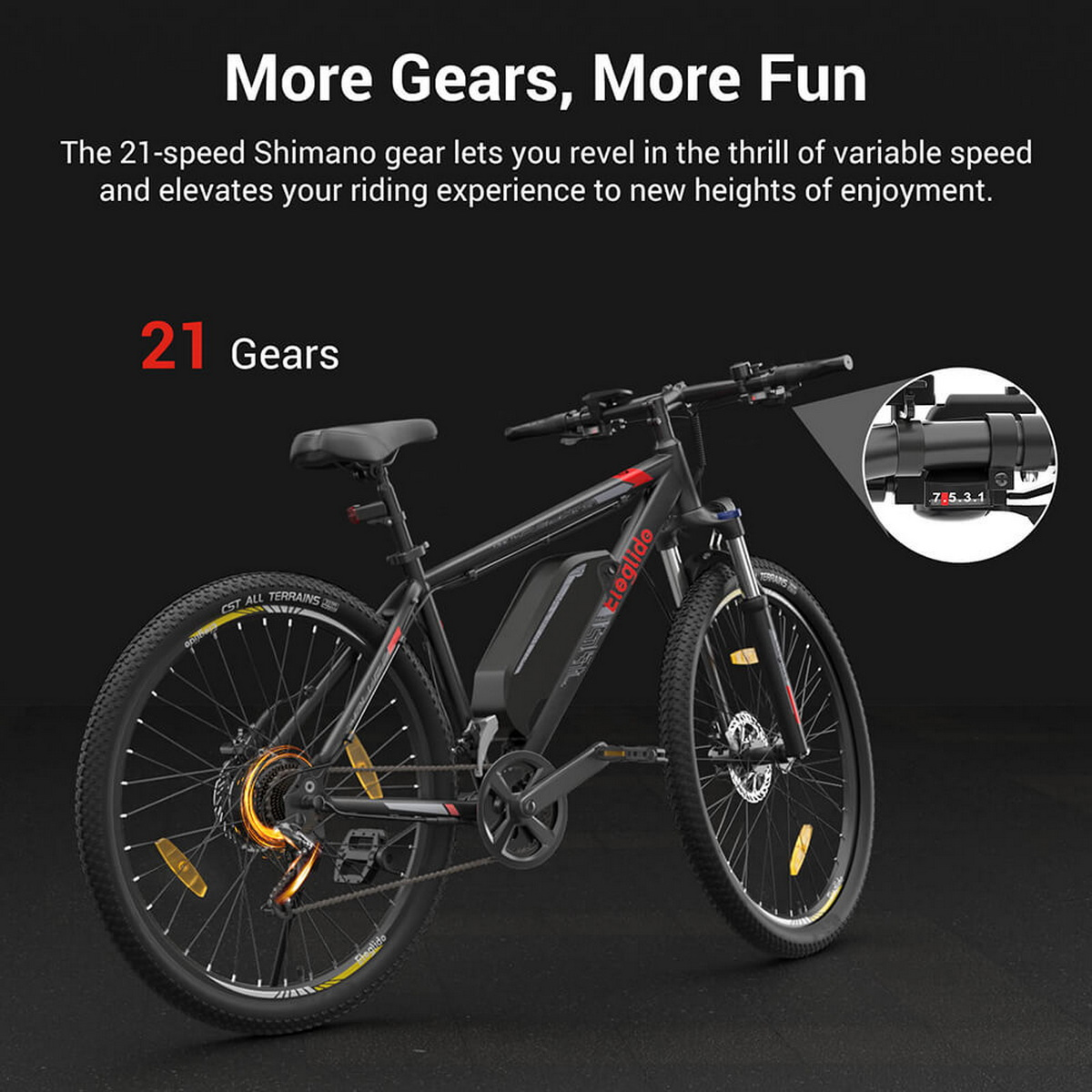 Rower elektryczny z czarną ramą, pokazujący 21 biegów i zbliżenie selektora.