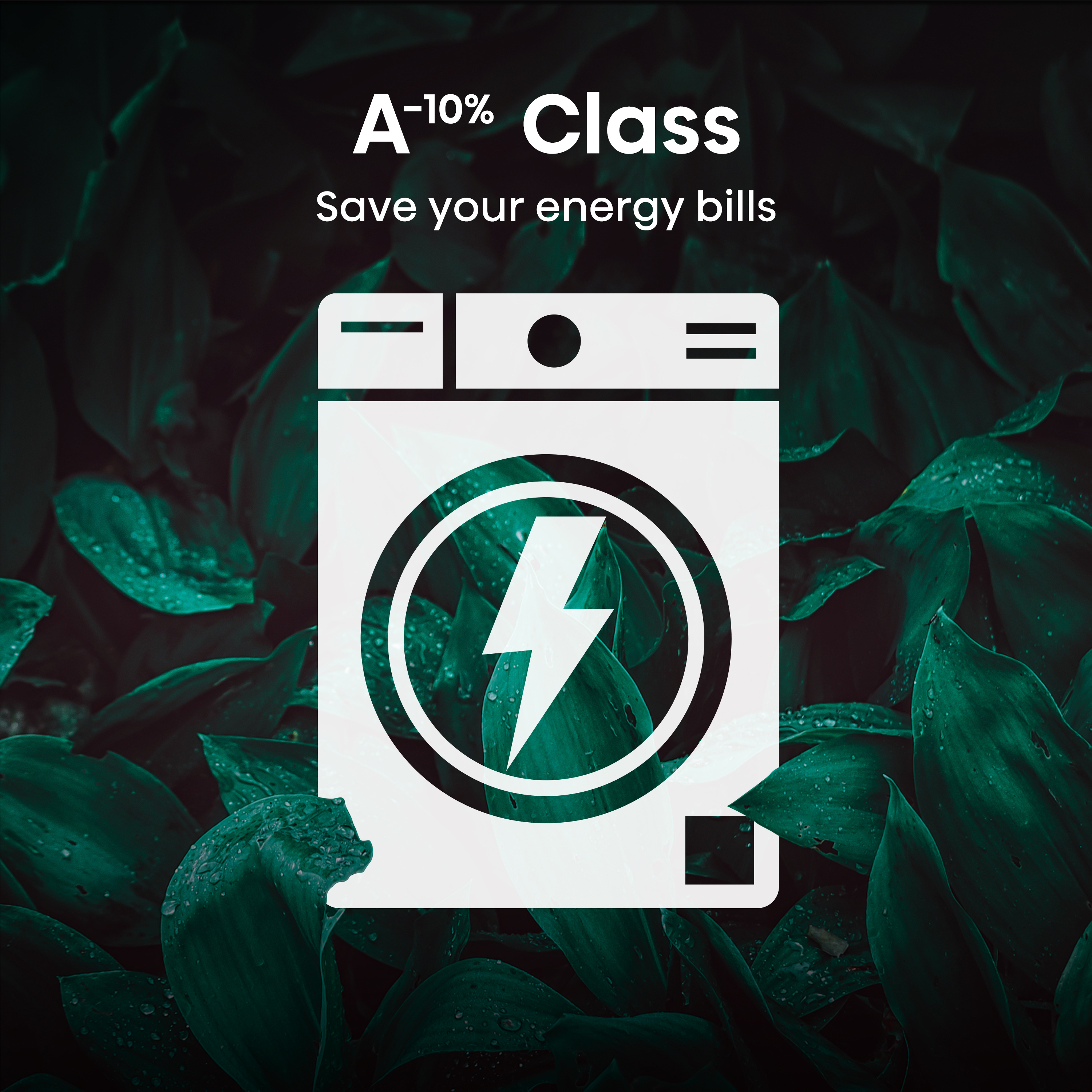 Reklama z ilustracją pralki z błyskawicą. Zielone liście w tle.