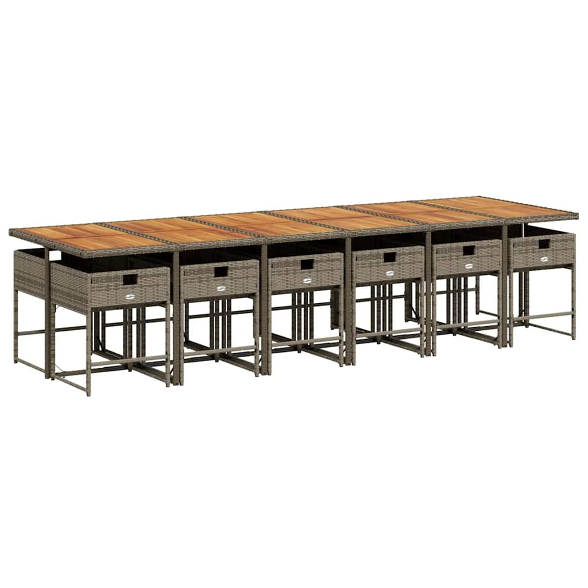 Set da pranzo all'aperto con tavoli marroni effetto legno e contenitori grigi con cassetti.