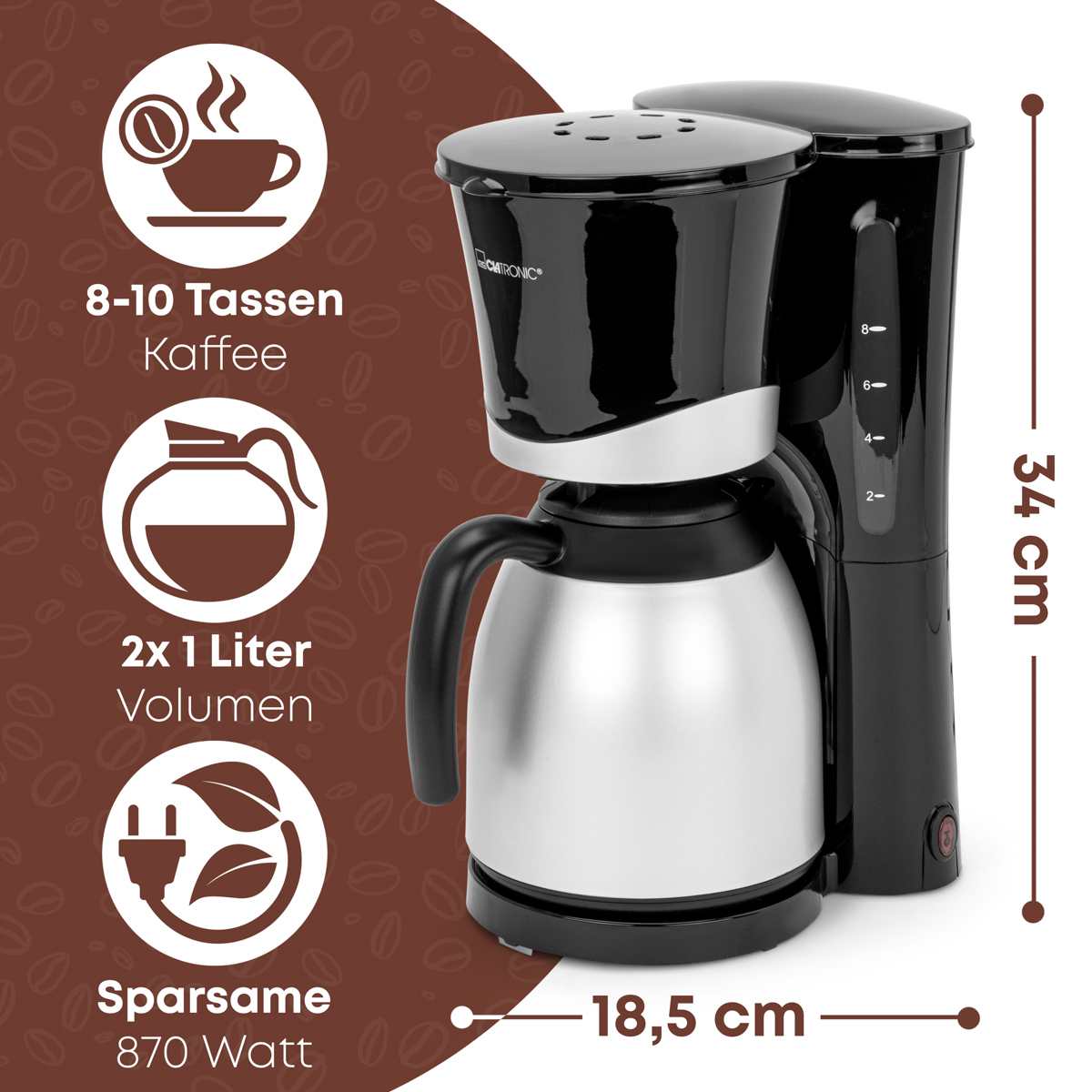 Czarno-srebrny ekspres do kawy z ikonami filiżanki, dzbanka i wtyczki. Wymiary po prawej.