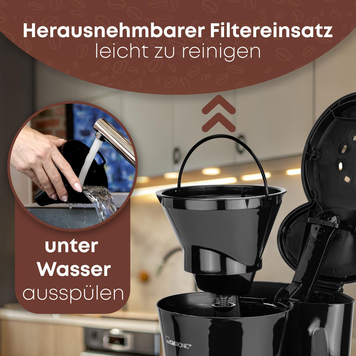 Ekspres do kawy z czyszczonym koszykiem filtra, brązowy baner tekstowy.