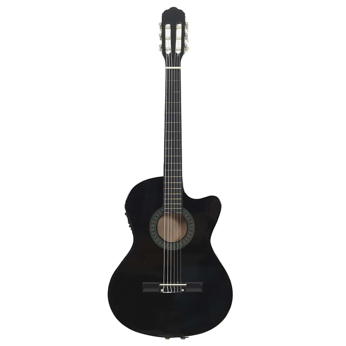Schwarze Akustikgitarre. Die Gitarre hat ein Cutaway-Design und einen weißen Hintergrund.