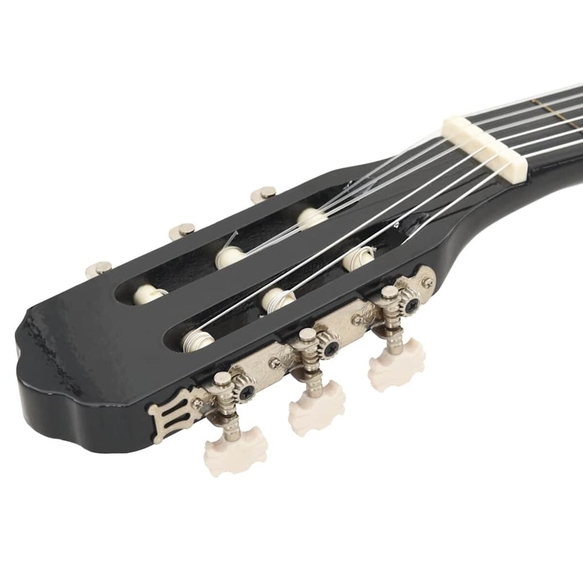 Nahaufnahme einer Gitarrenkopfplatte mit Stimmwirbeln und Saiten, freigestellt.