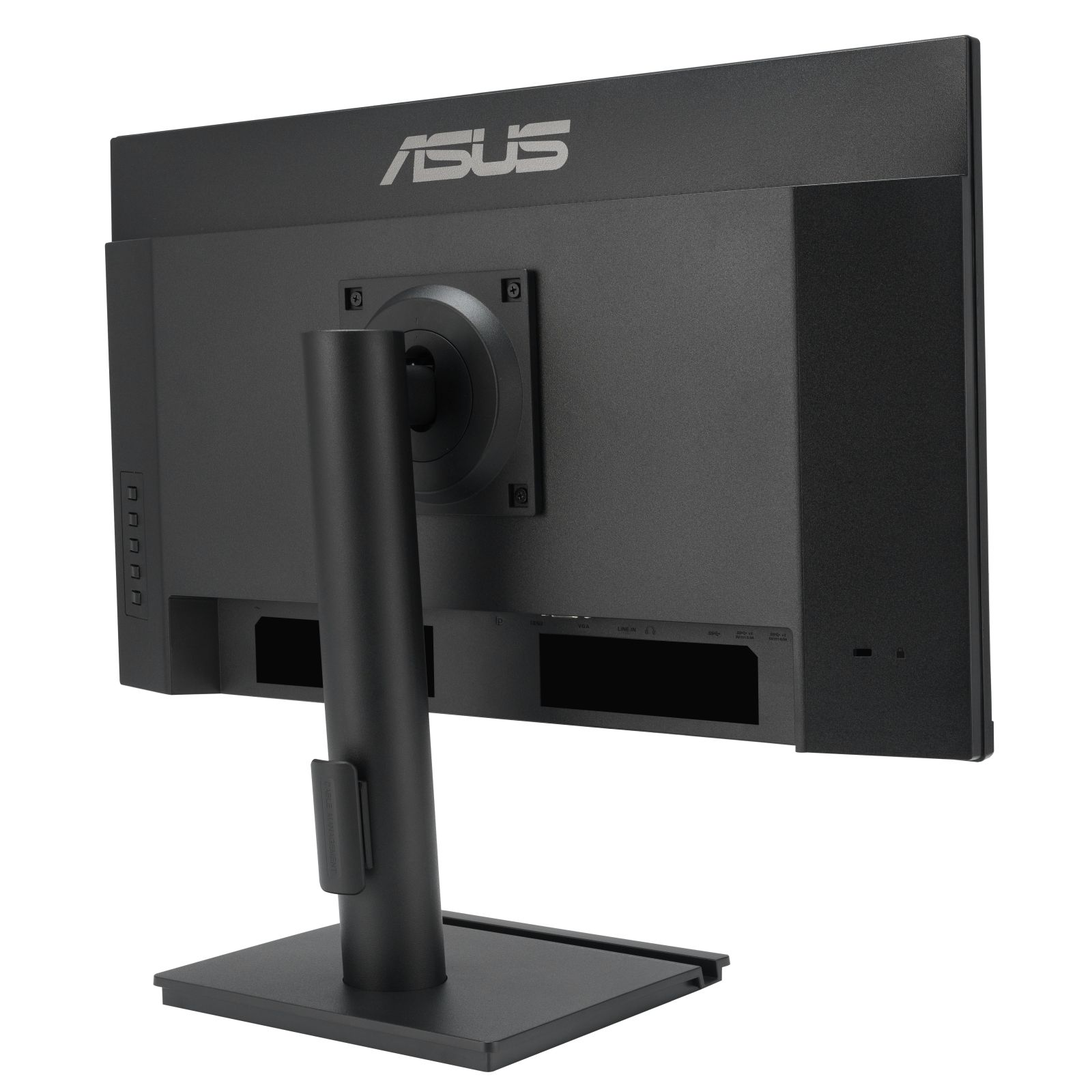 Czarny tył monitora ASUS ze stojakiem. Logo ASUS widoczne u góry.