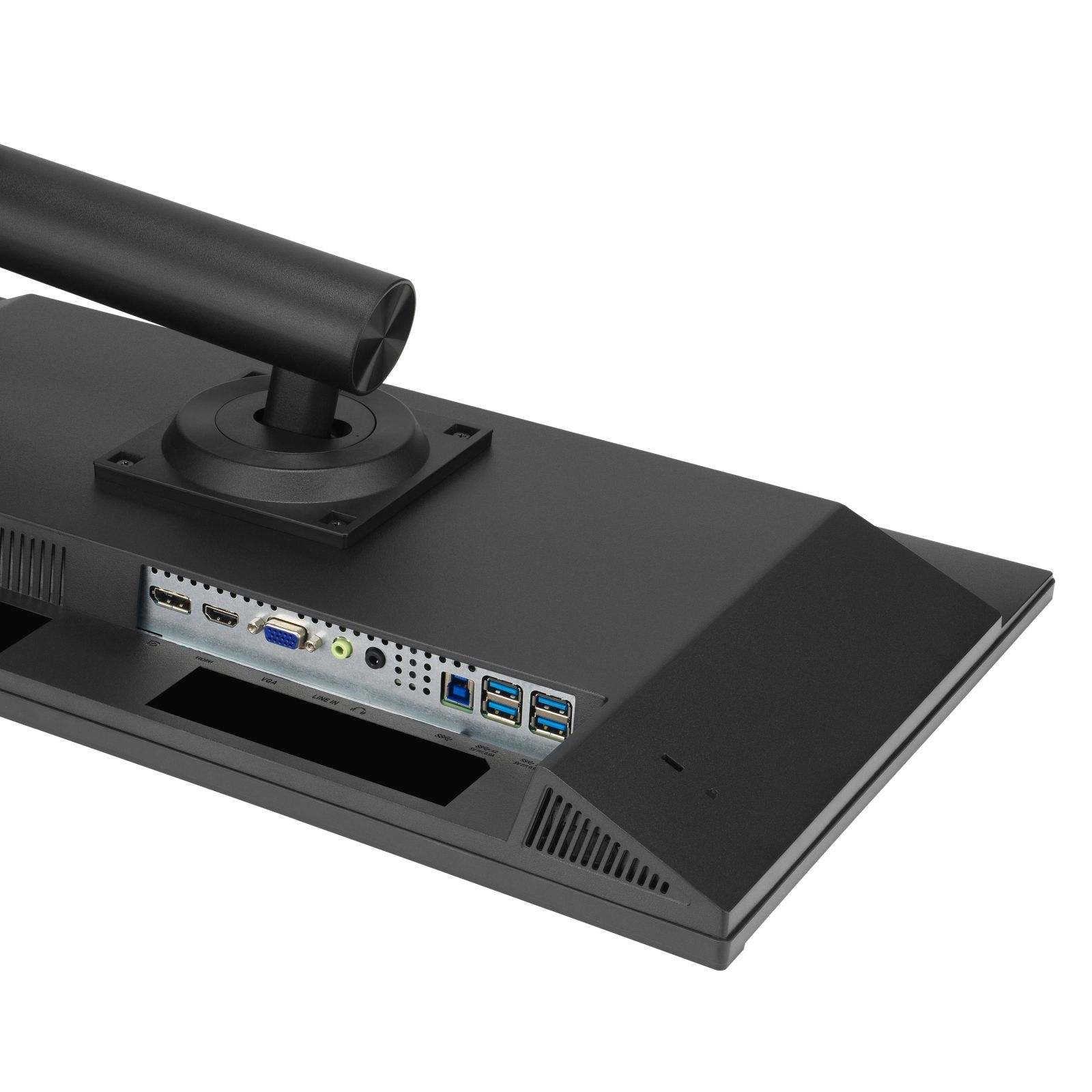 Czarny tył monitora z portami i podstawką. Białe tło. Czarna podstawka.