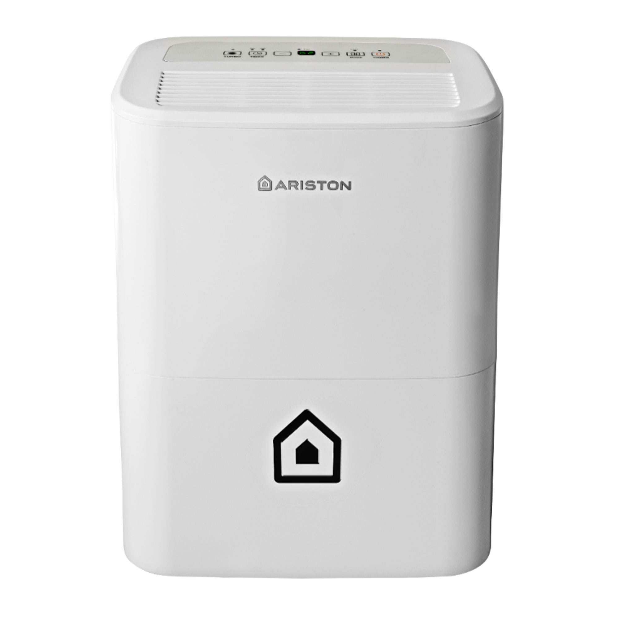 Biały osuszacz powietrza Ariston. Górny panel z przyciskami. Czarny symbol domu.