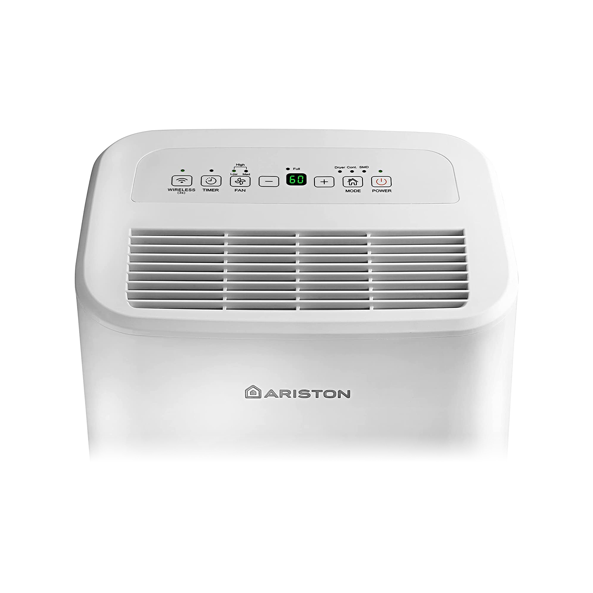 Un purificador de aire Ariston blanco. Tiene un panel de control con varios botones y una pantalla.