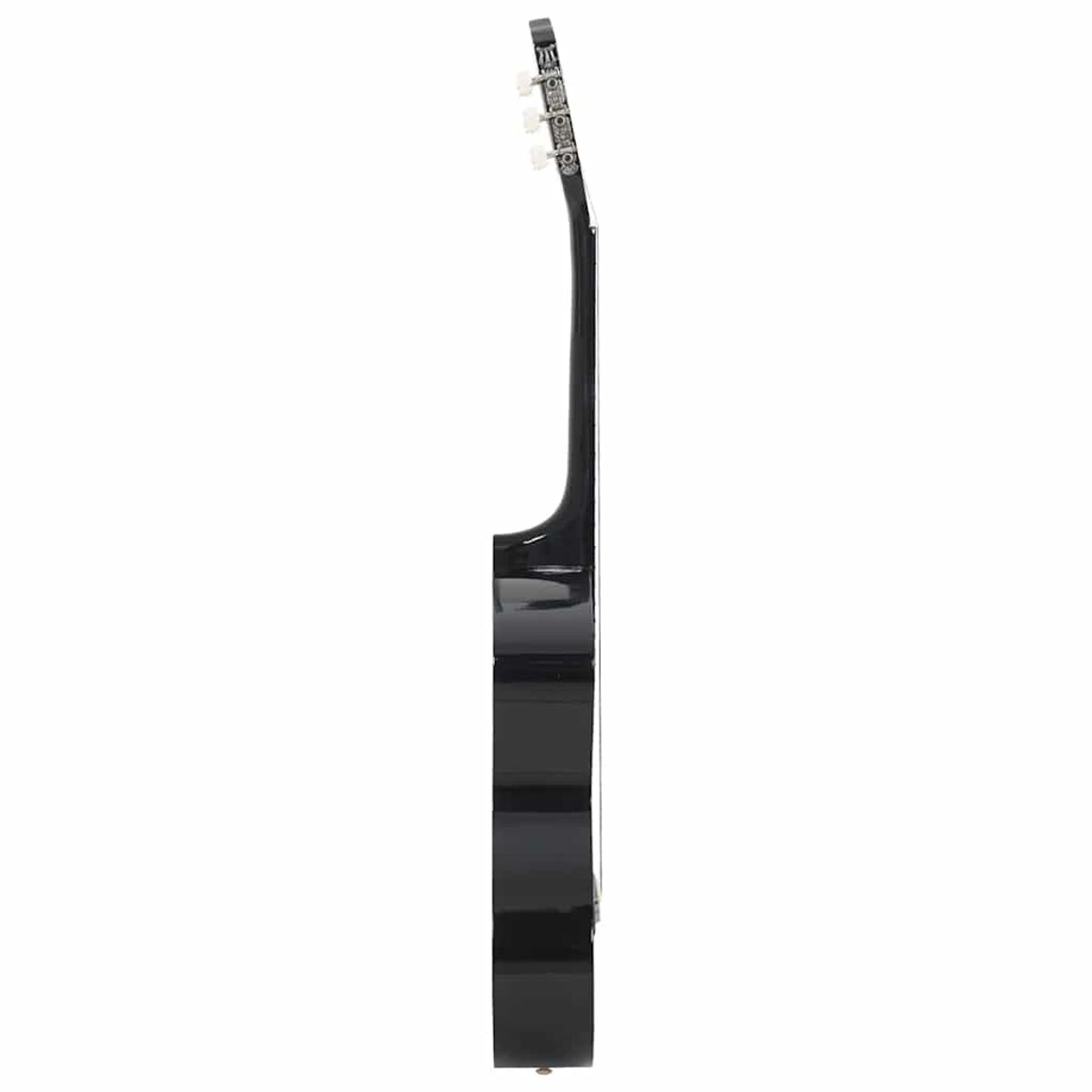 Schwarze Gitarre im Profil. Die Gitarre ist glänzend schwarz und hat weiße Stimmwirbel und Bünde.