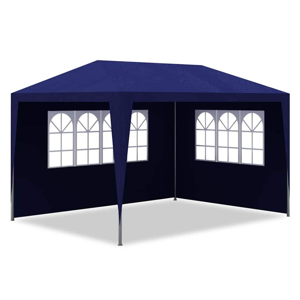 Ein dunkelblauer Pavillon. Er hat Fenster und ist auf einer Seite offen. Er wird von Metallpfosten getragen.