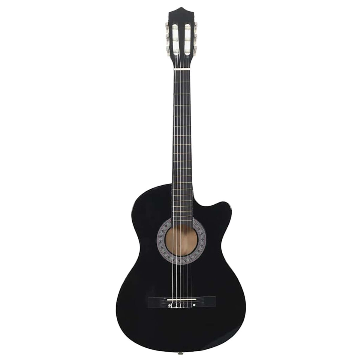 Schwarze Akustikgitarre mit Cutaway-Korpus, von vorne auf weißer Oberfläche betrachtet.