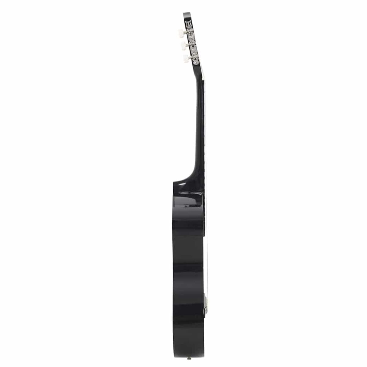 Eine schwarze Akustikgitarre von der Seite vor weißem Hintergrund.