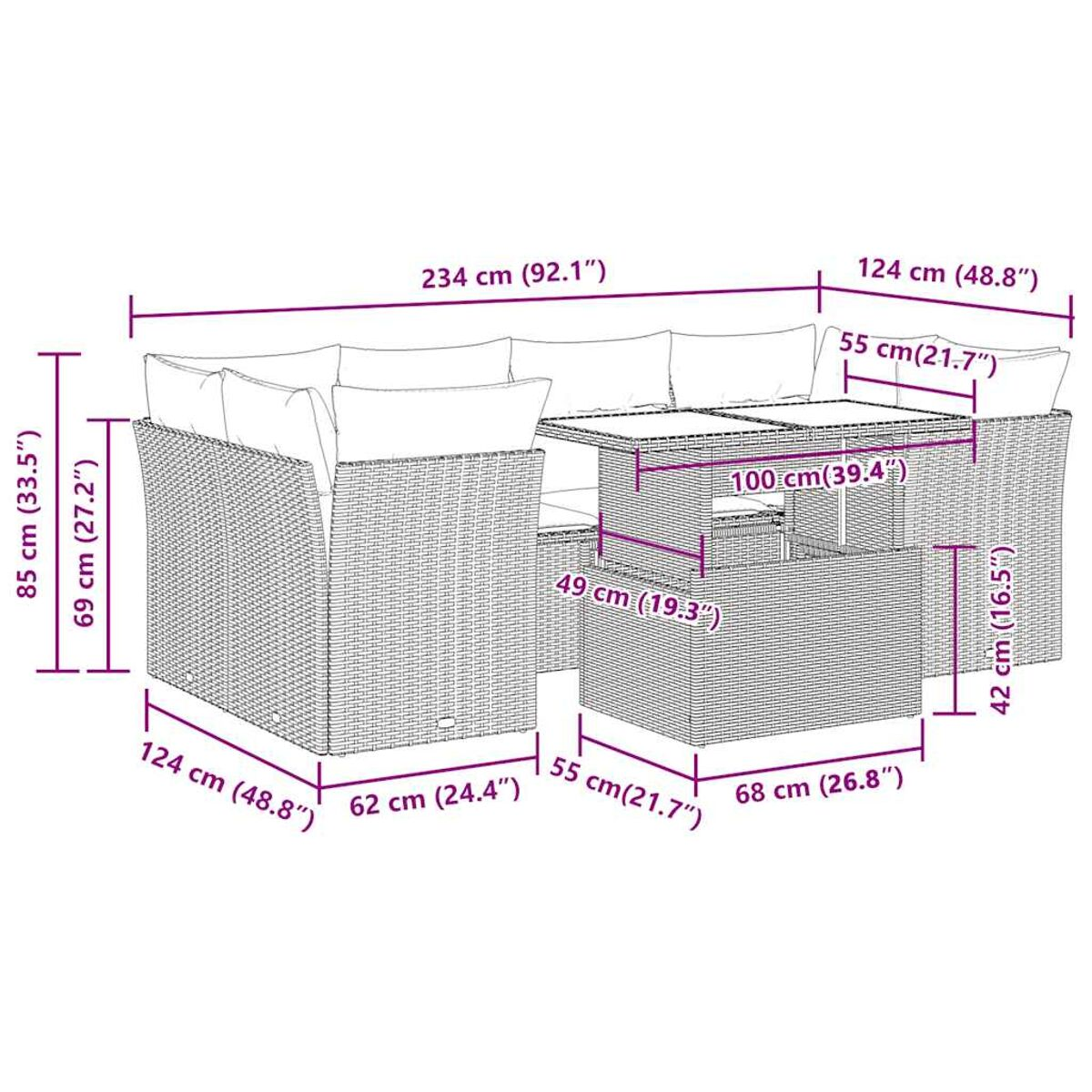 Set di mobili da esterno in rattan con dimensioni etichettate in cm e pollici.
