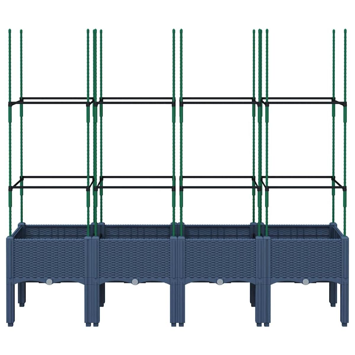 Blaue Hochbeete mit grünen Stützen und schwarzen Metallrahmen.