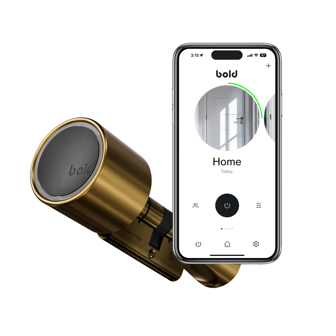 A gold smart lock and a phone displaying the app interface, on a white background.