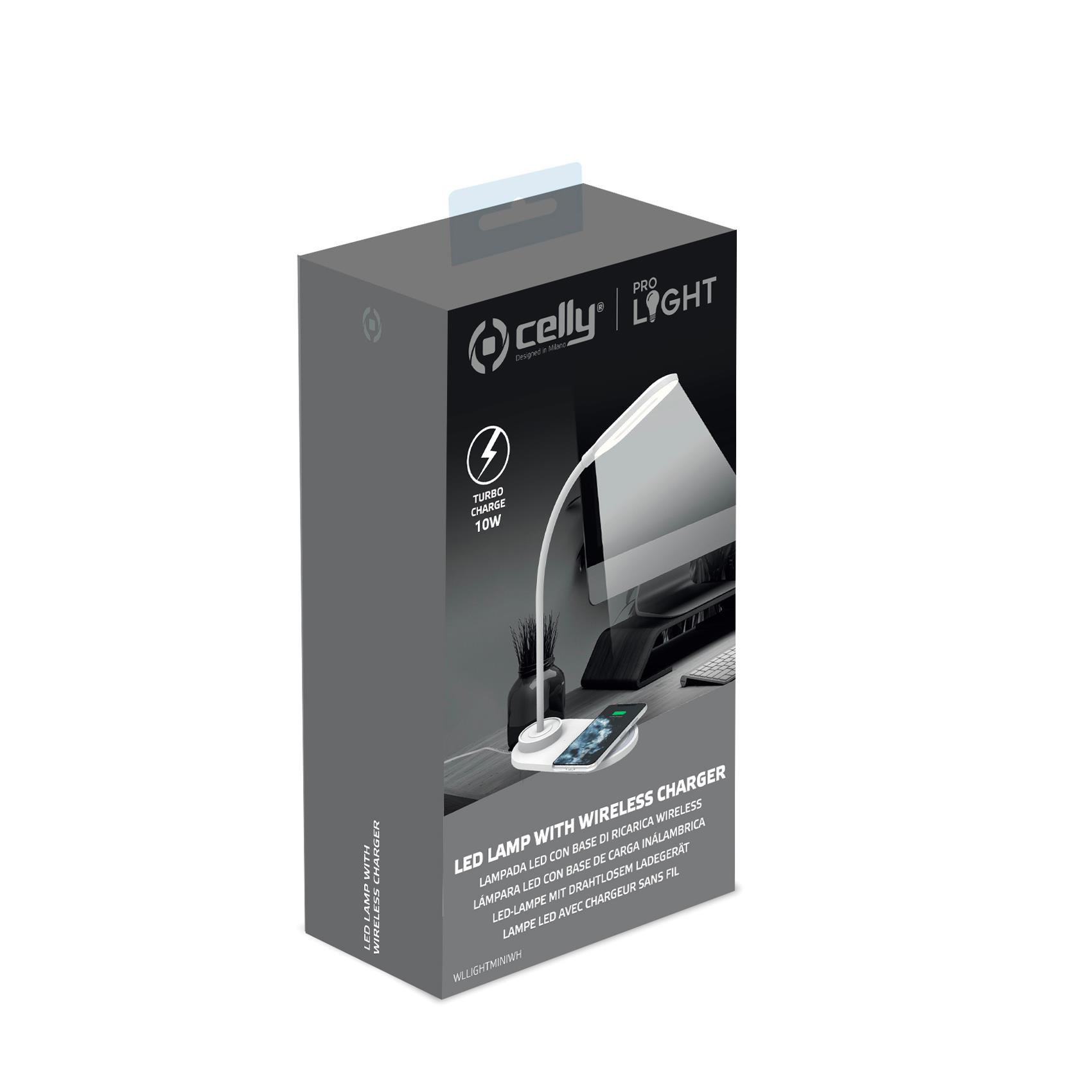 Caja gris para una lámpara de escritorio con cargador inalámbrico. La caja tiene una lámpara blanca en la parte superior.