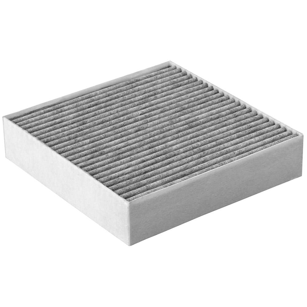 Filtro dell'aria grigio con pieghe visibili. Forma rettangolare, cornice bianca.