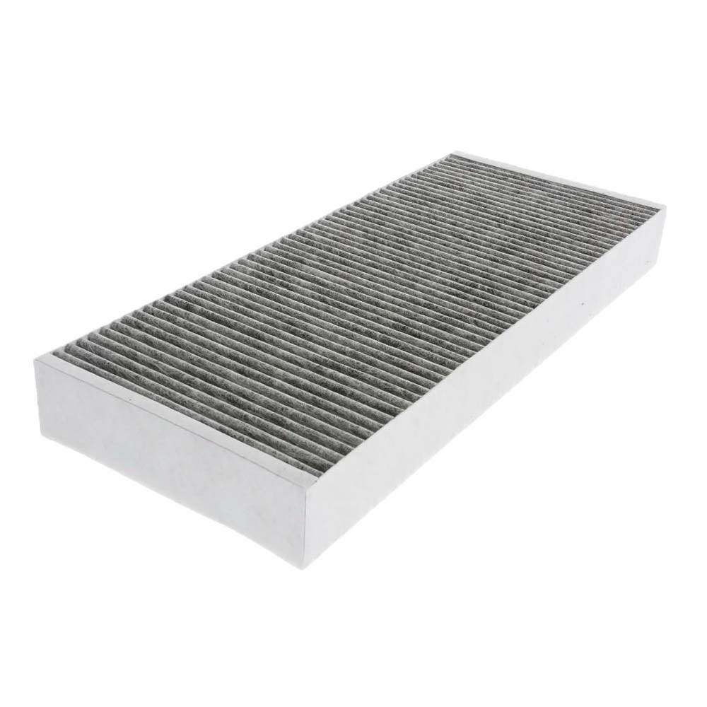 Filtr powietrza o prostokątnym kształcie i szarej, żebrowanej powierzchni. Białe krawędzie.