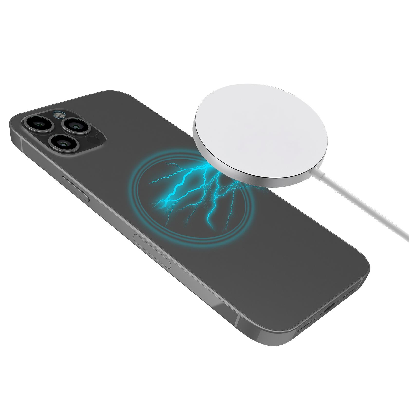 Teléfono negro con cargador. Conectado un cargador circular blanco. El teléfono tiene un diseño de rayo azul.