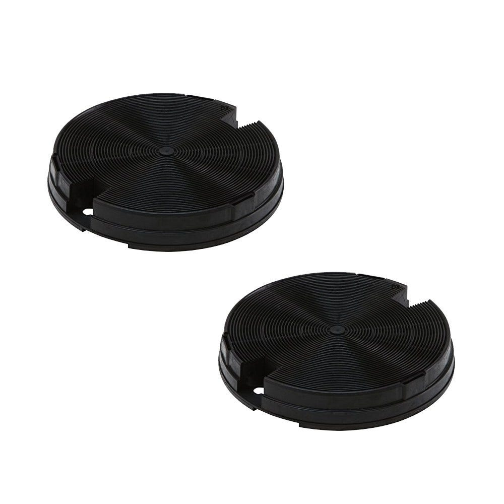 Dwa okrągłe czarne filtry węglowe o okrągłym kształcie, umieszczone na białym tle.