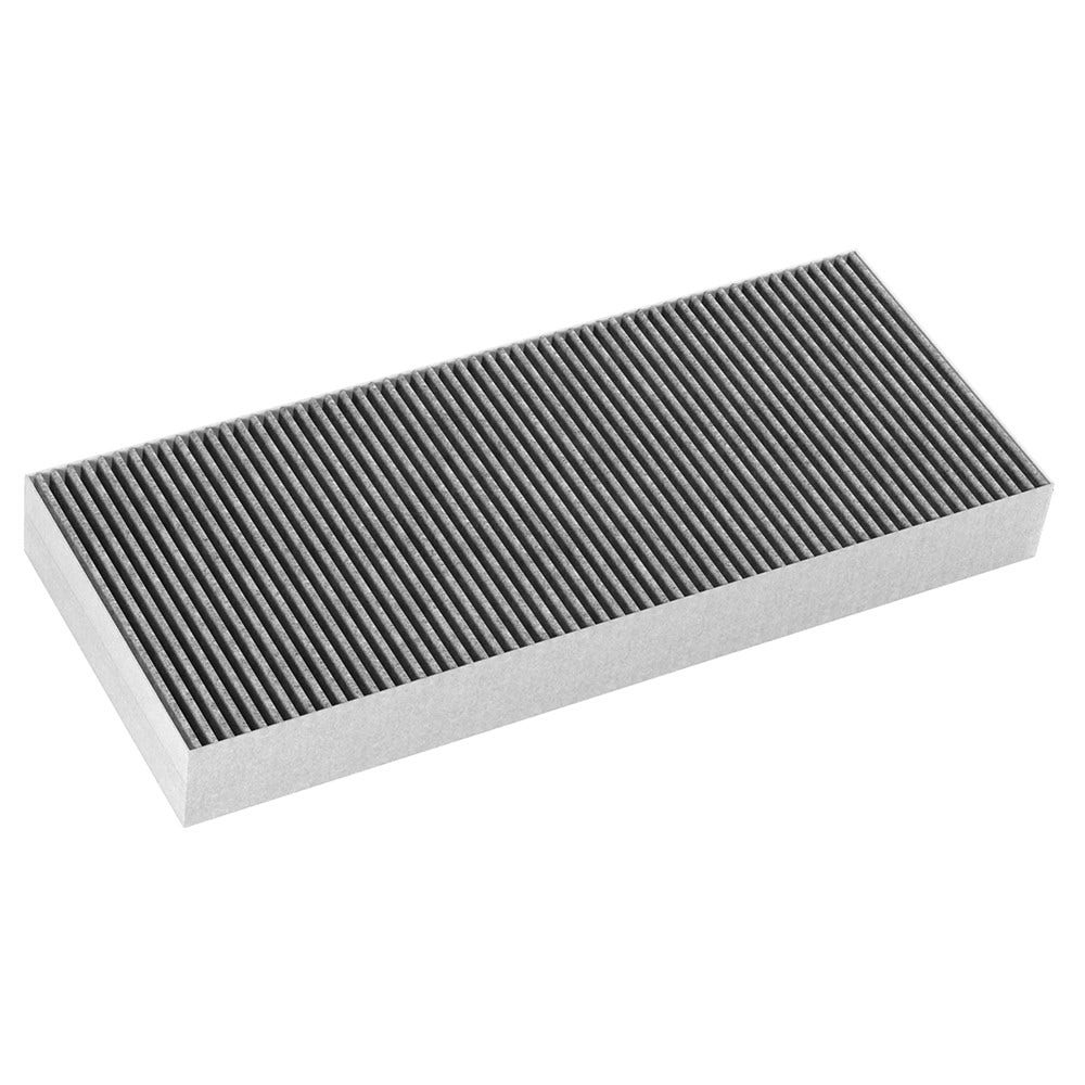 Rechteckiger Luftfilter mit grauem, plissiertem Filtermaterial, vor weißem Rahmen.