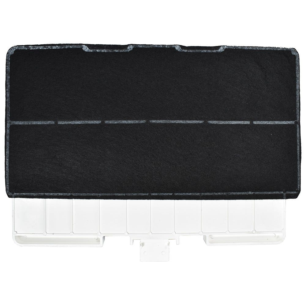 Filtro aria nero con cornice in plastica bianca. Sfondo bianco.