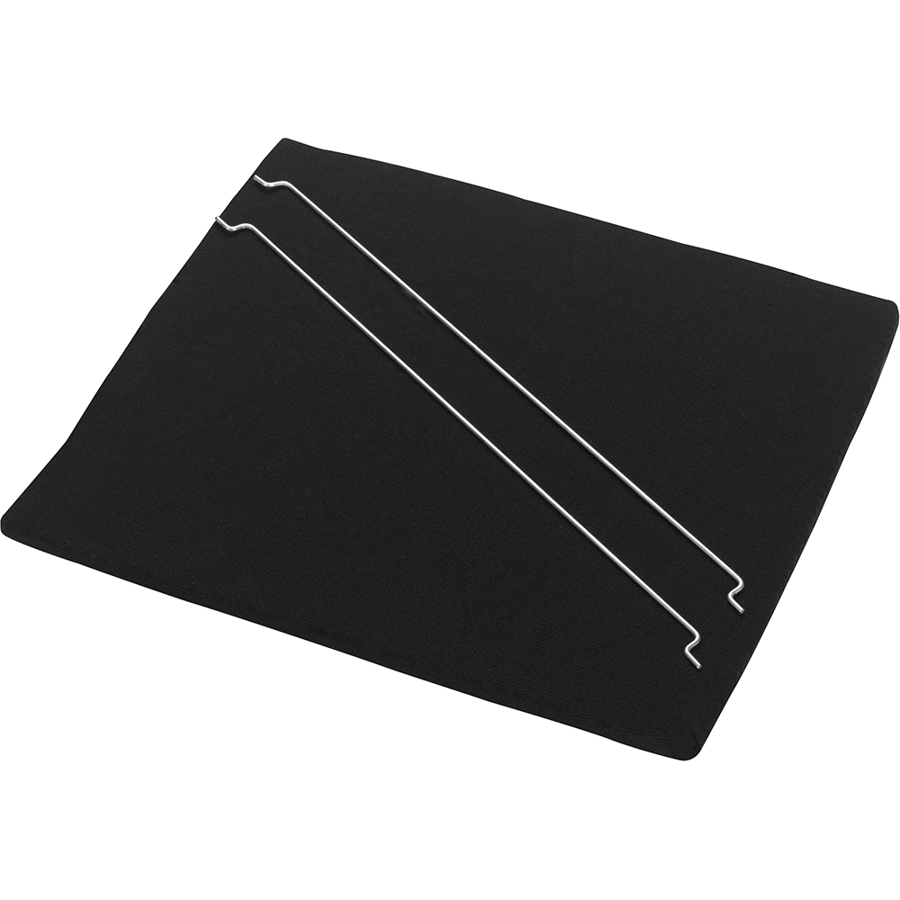 Schwarzes Bügelbrett mit zwei Metallstäben, auf einer flachen Oberfläche. Schlichtes Design.
