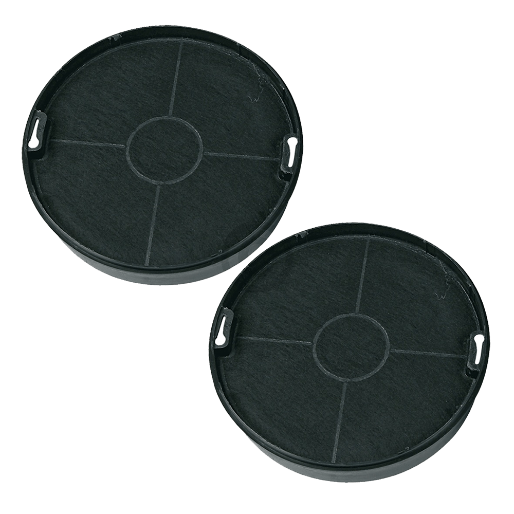Zwei schwarze runde Aktivkohlefilter mit einem Netzdesign.