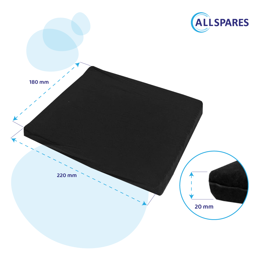 Cuscino quadrato nero con dimensioni indicate. Il cuscino ha uno spessore di 20 mm.