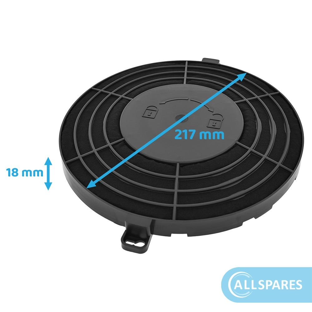 Filtro circolare nero con misure. Il logo Allspares appare in basso.