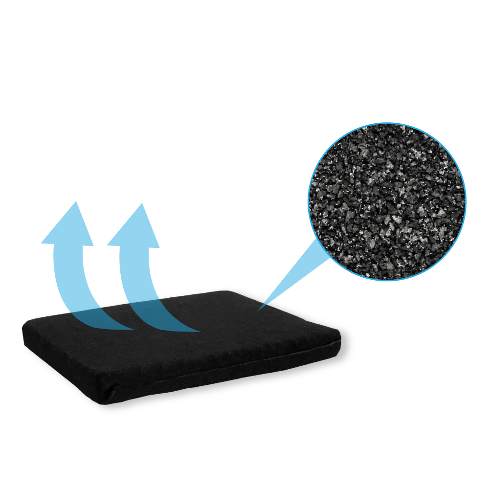 Un filtro dell'aria nero quadrato con una freccia che mostra il flusso d'aria. Il filtro ha un primo piano del materiale filtrante.