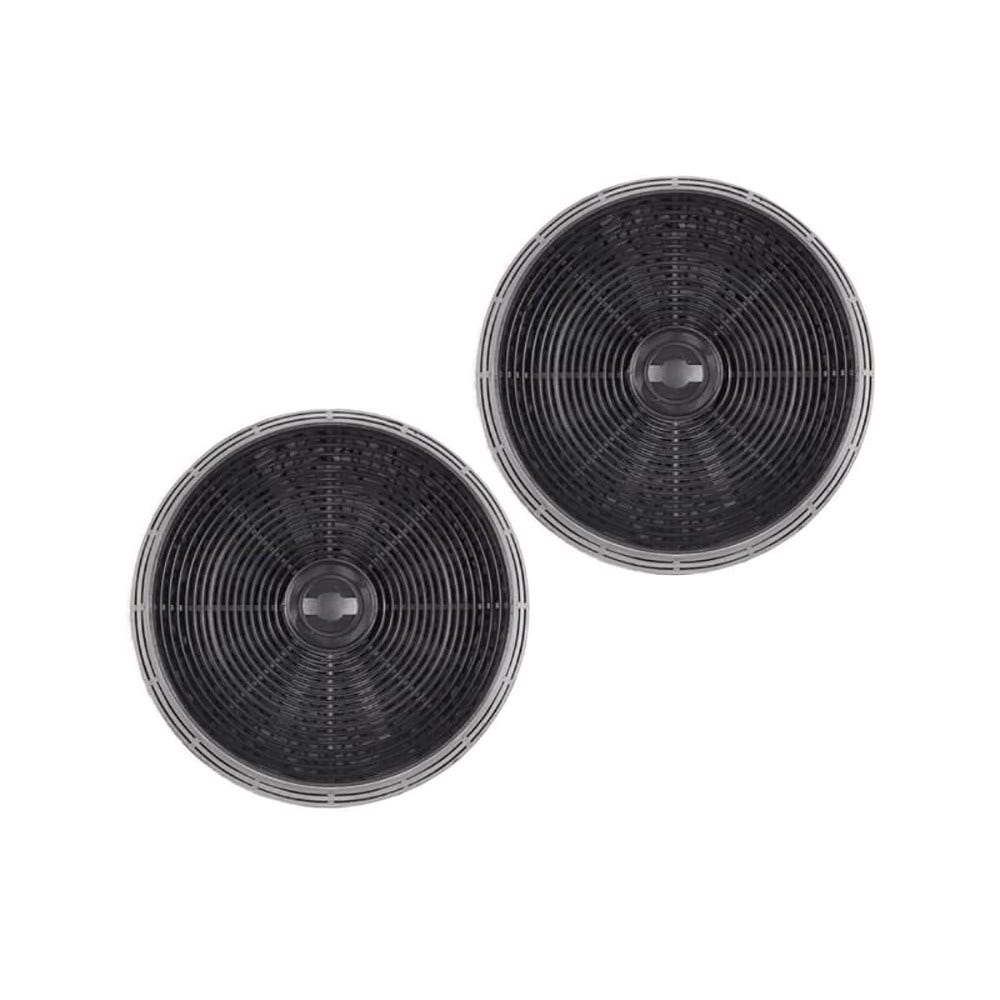 Due filtri a carbone nero rotondi con design circolare su sfondo bianco.