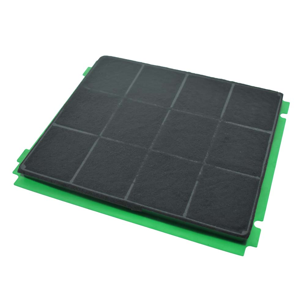 Un filtro a carbone rettangolare con un motivo a griglia, posto su una base verde.