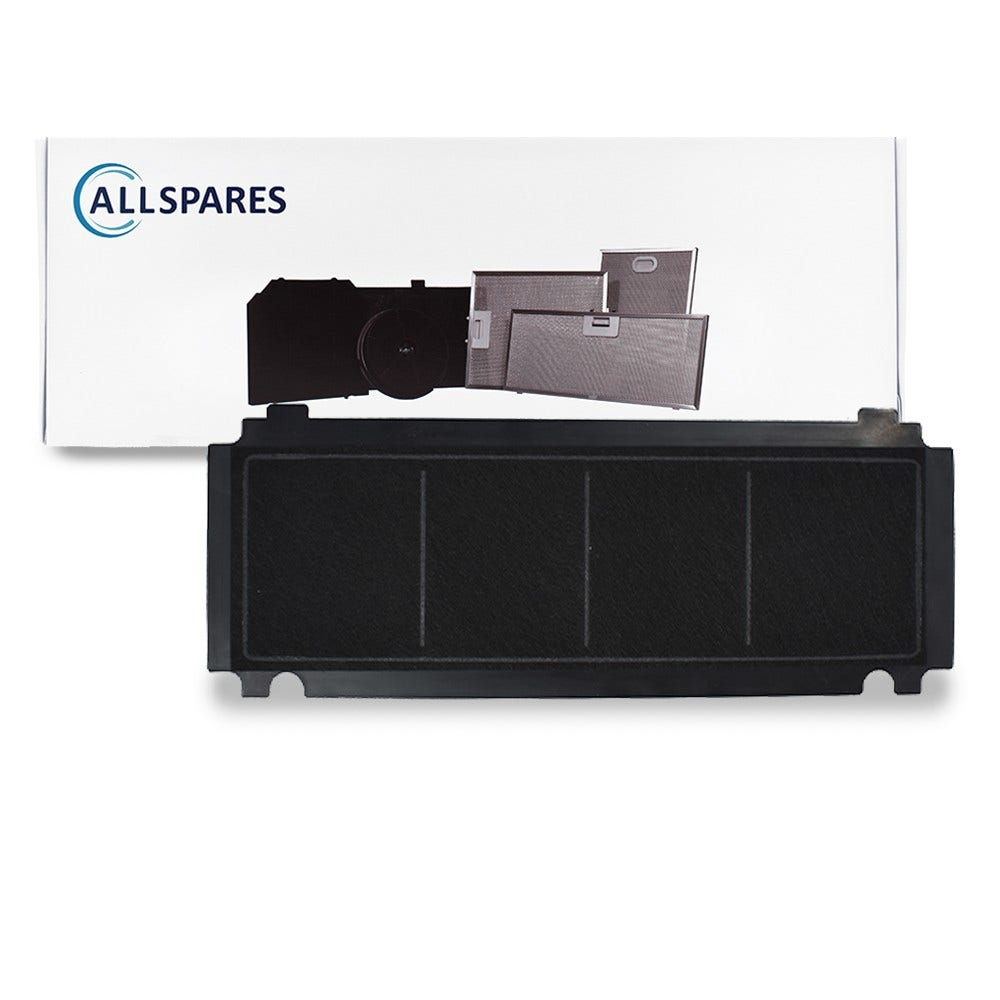 Filtro per cappa aspirante, con rete nera. Davanti a scatola bianca con logo 'ALLSPARES'.