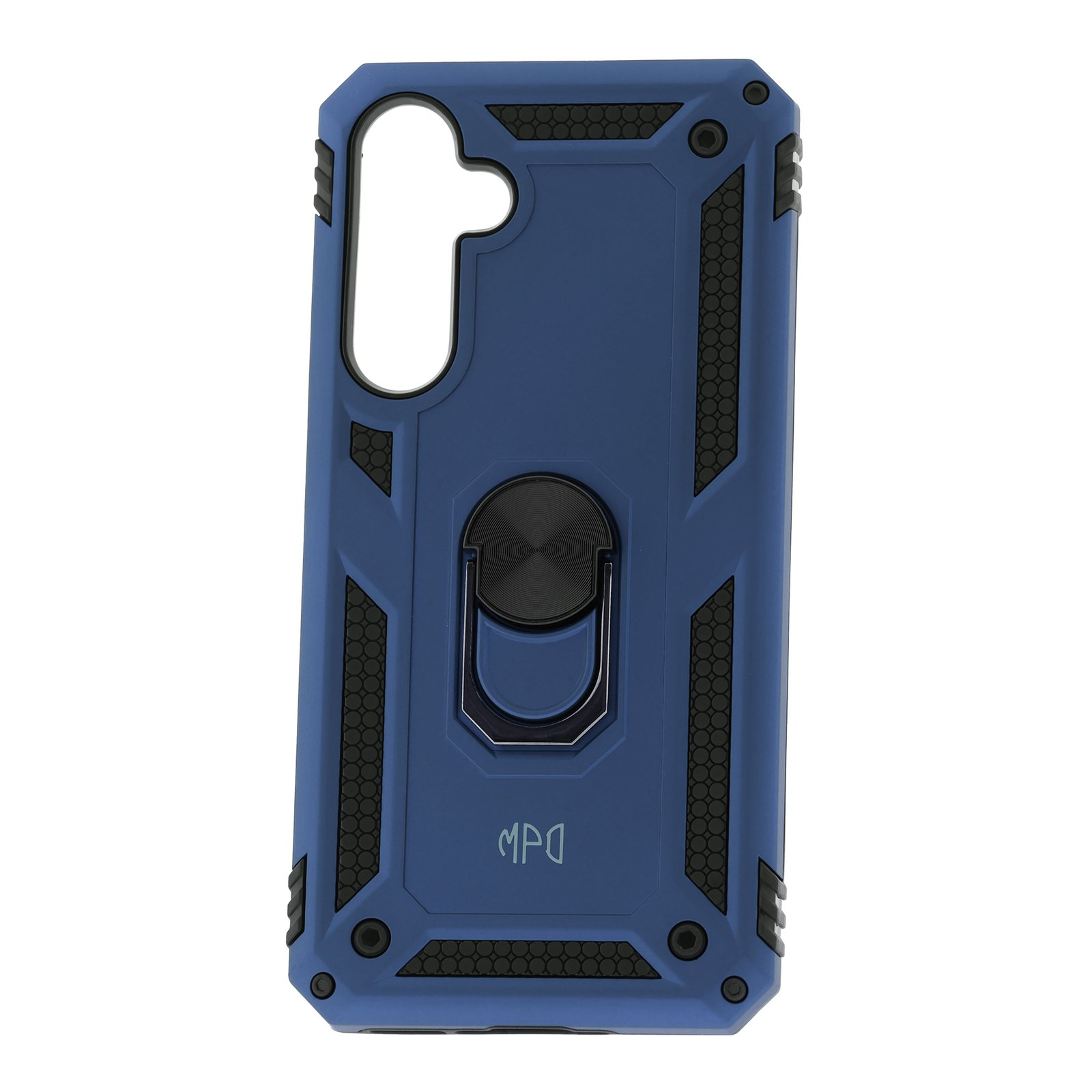 Funda azul para teléfono con soporte de anillo y parte trasera texturizada, con recorte visible.