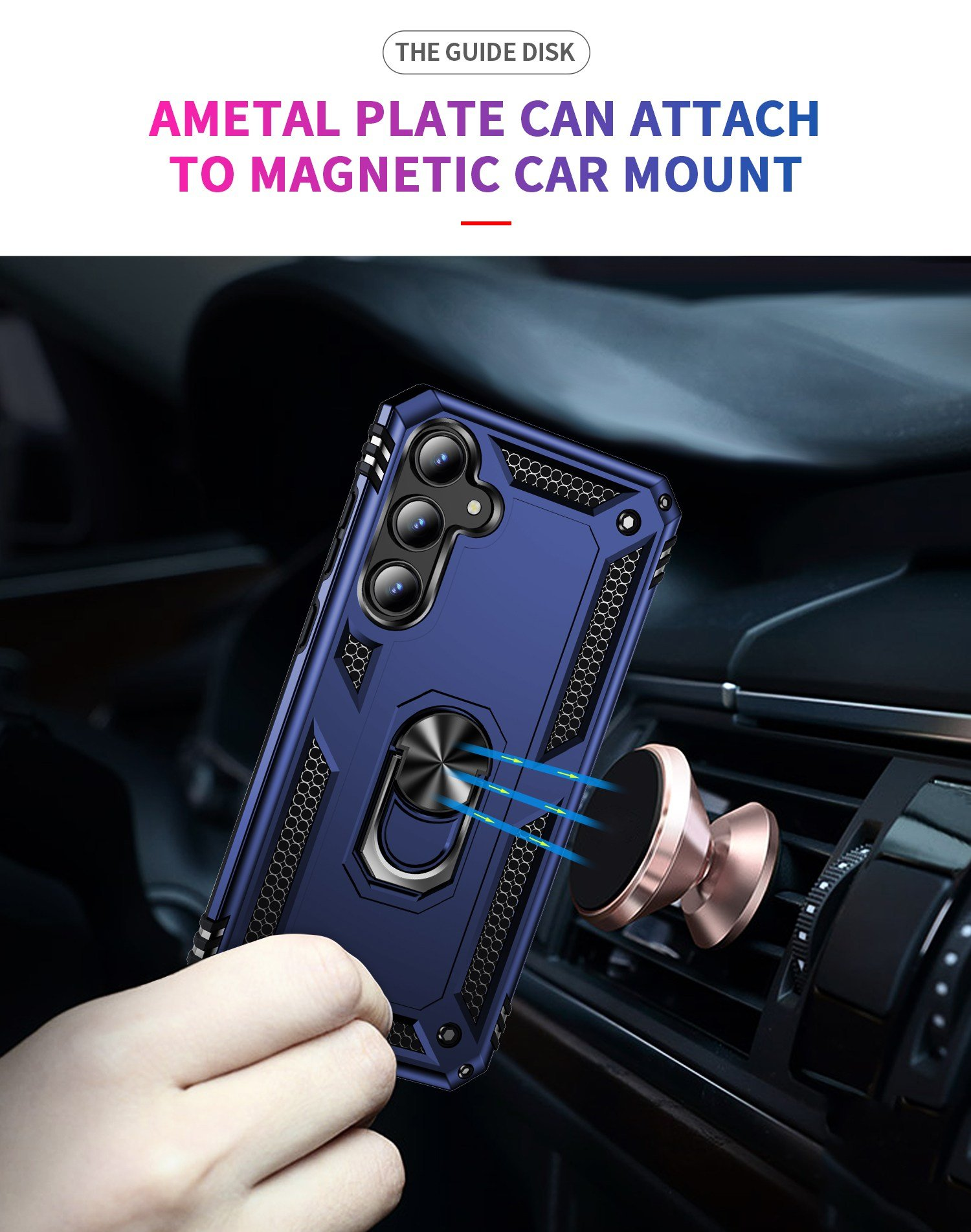 Funda de teléfono azul oscuro con anillo, sujeta a un soporte de ventilación de coche. Texto incluido.