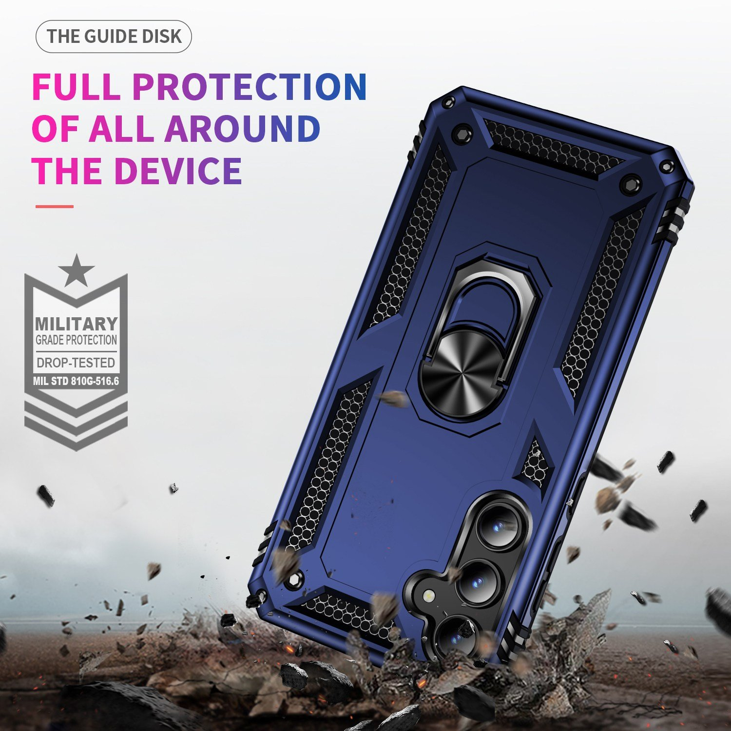 Funda de teléfono azul con soporte de anillo y diseño texturizado, sobre un fondo de escombros.