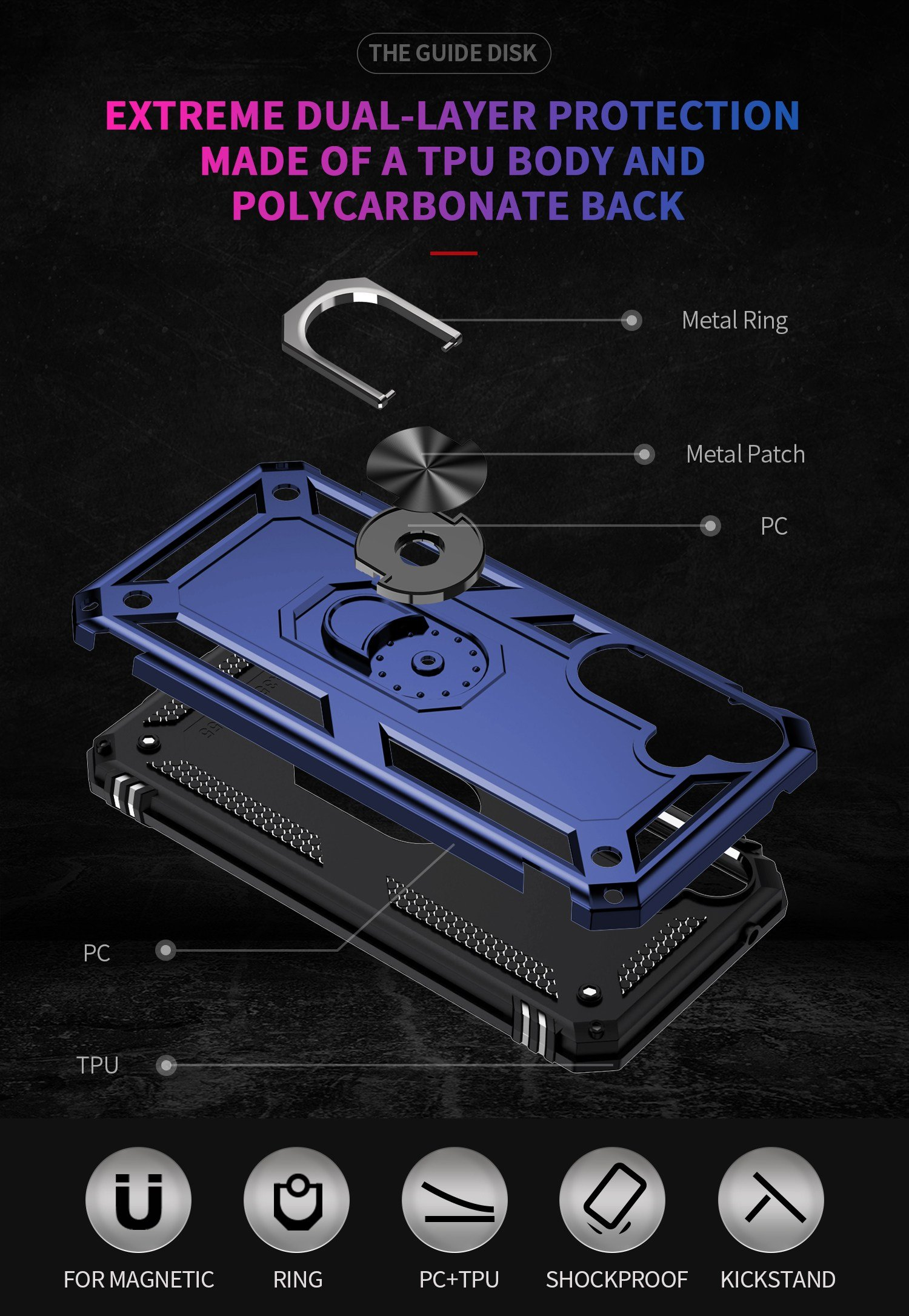 Diagrama de una funda de teléfono con múltiples capas y características, incluyendo un anillo y parche metálicos.