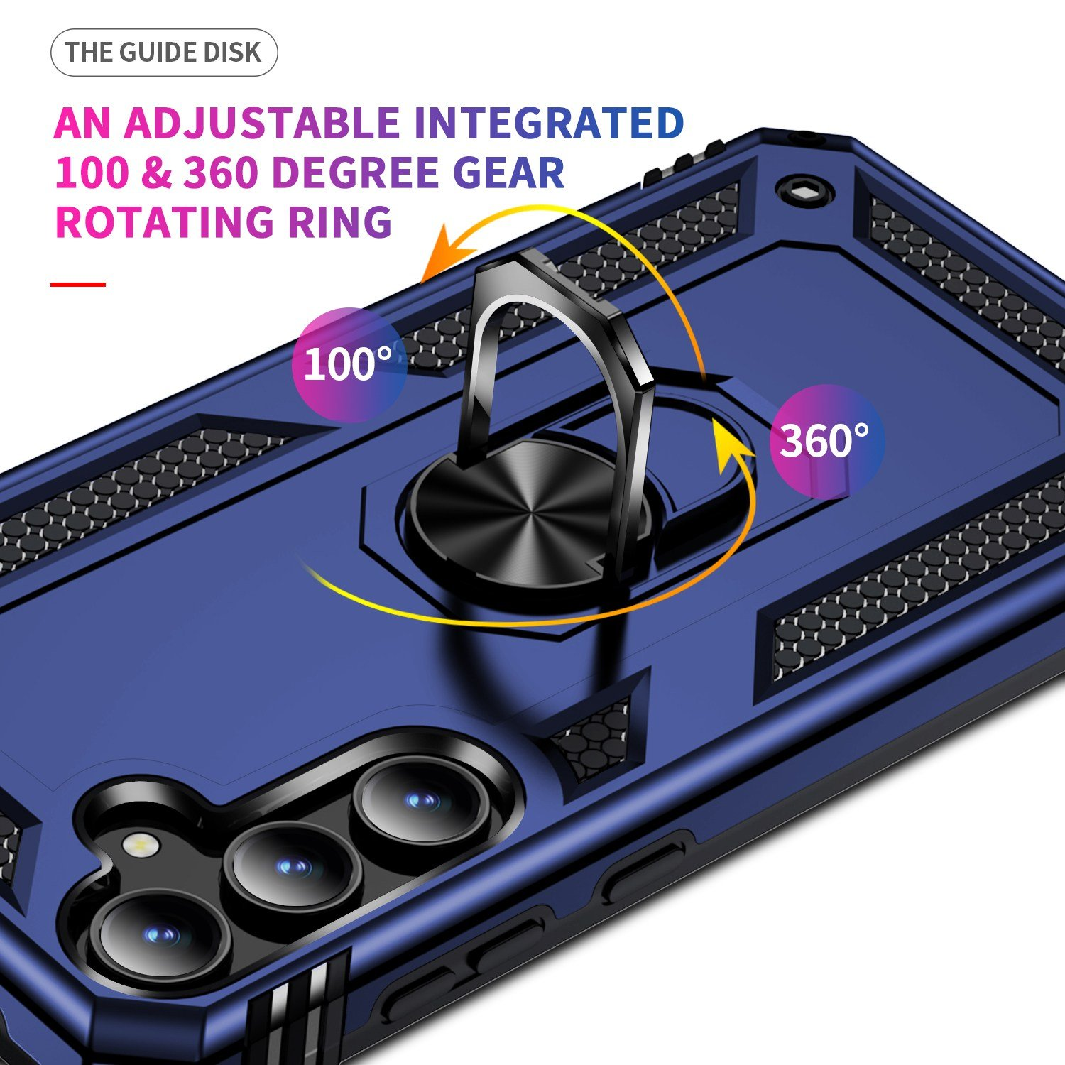Funda azul para teléfono con anillo giratorio. Texto: Engranaje ajustable, 100 y 360 grados.
