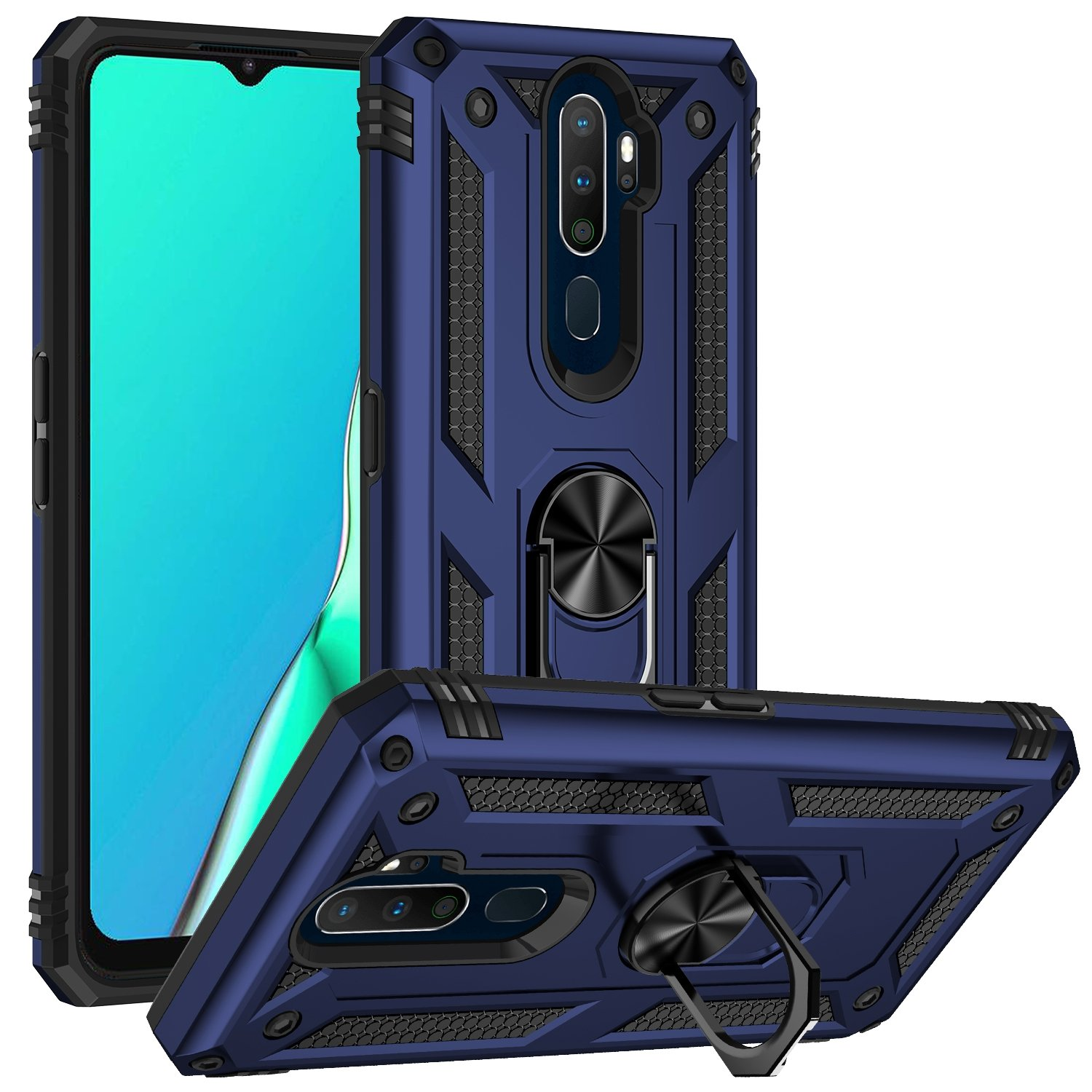 Funda de teléfono azul con soporte de anillo. El teléfono muestra una pantalla. Se muestra otra funda.
